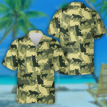 Cat Camouflage On Green In Army Style Hawaiian Shirt, Hawaiian Shirt Gift, Christmas Gift