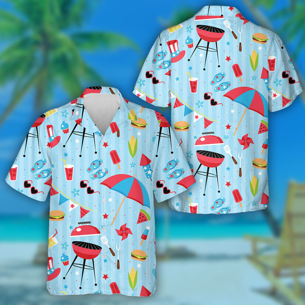 Repeating Backyard Bbq Party Patriotic Blue Background Hawaiian Shirt, Hawaiian Shirt Gift, Christmas Gift