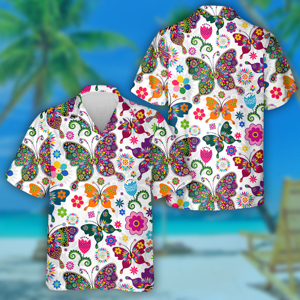 Mosaic Butterflies With Tropical Flowers Spring Hawaiian Shirt,Hawaiian Shirt Gift, Christmas Gift