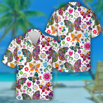 Mosaic Butterflies With Tropical Flowers Spring Hawaiian Shirt,Hawaiian Shirt Gift, Christmas Gift