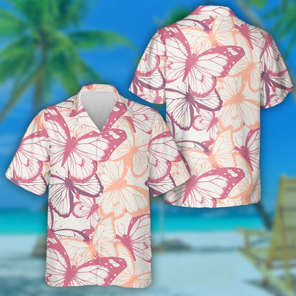 Hand Drawn Colorful Butterflies On White Floral Hawaiian Shirt, Hawaiian Shirt Gift, Christmas Gift
