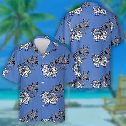 Sheep And Grey Old Wolf On Blue Hawaiian Shirt, Hawaiian Shirt Gift, Christmas Gift