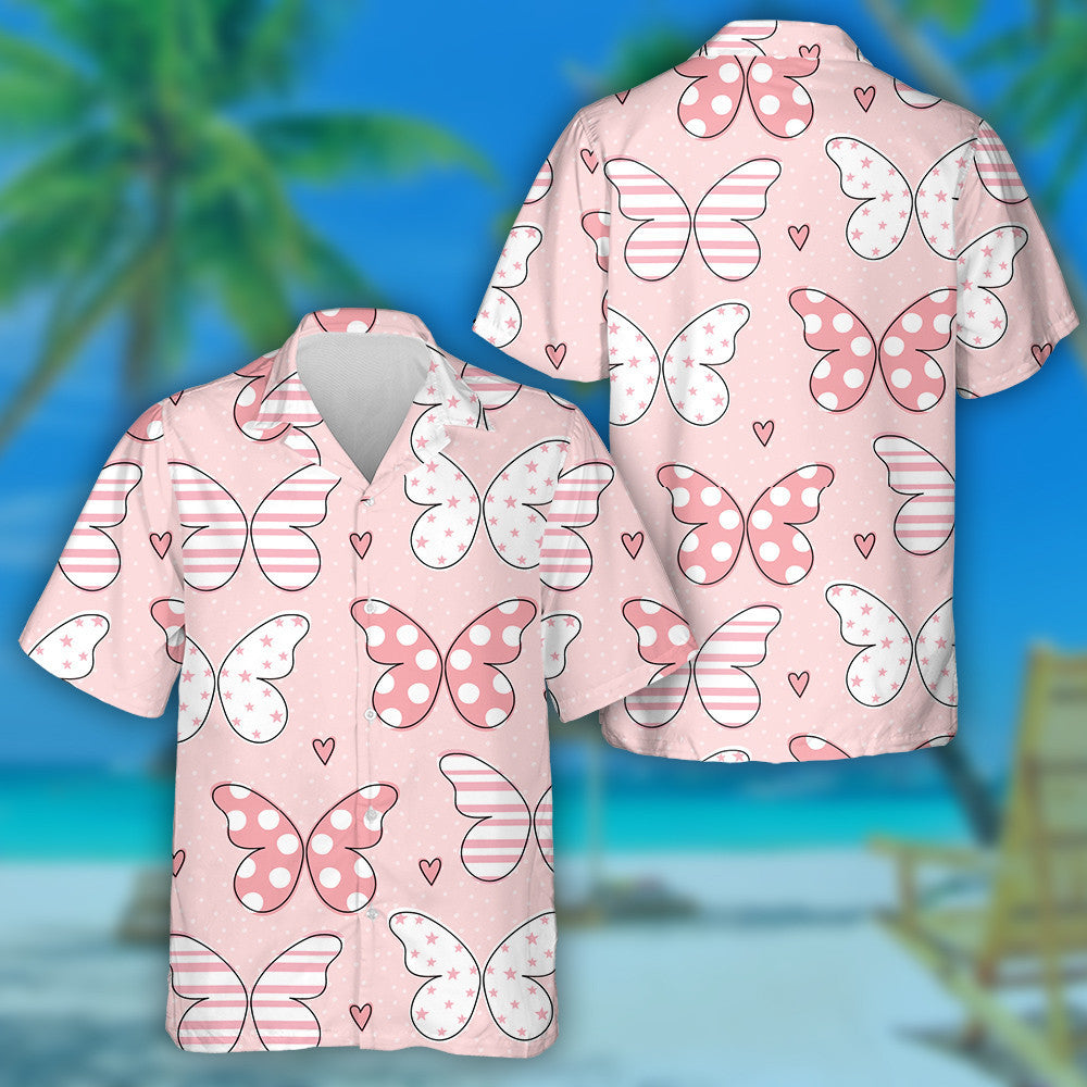 Colorful Lovely Pink Butterflies On Dot Pink Hawaiian Shirt, Hawaiian Shirt Gift, Christmas Gift