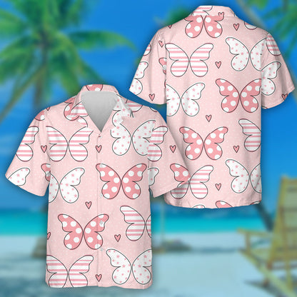 Colorful Lovely Pink Butterflies On Dot Pink Hawaiian Shirt, Hawaiian Shirt Gift, Christmas Gift
