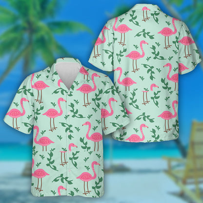 Pink Flamingo With Branch On Green Background Hawaiian Shirt, Hawaiian Shirt Gift, Christmas Gift