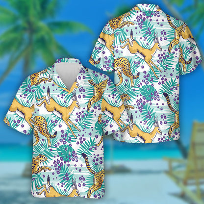 Purple Leopard Cheetah And Palm Leaves Tropical Hawaiian Shirt, Hawaiian Shirt Gift, Christmas Gift