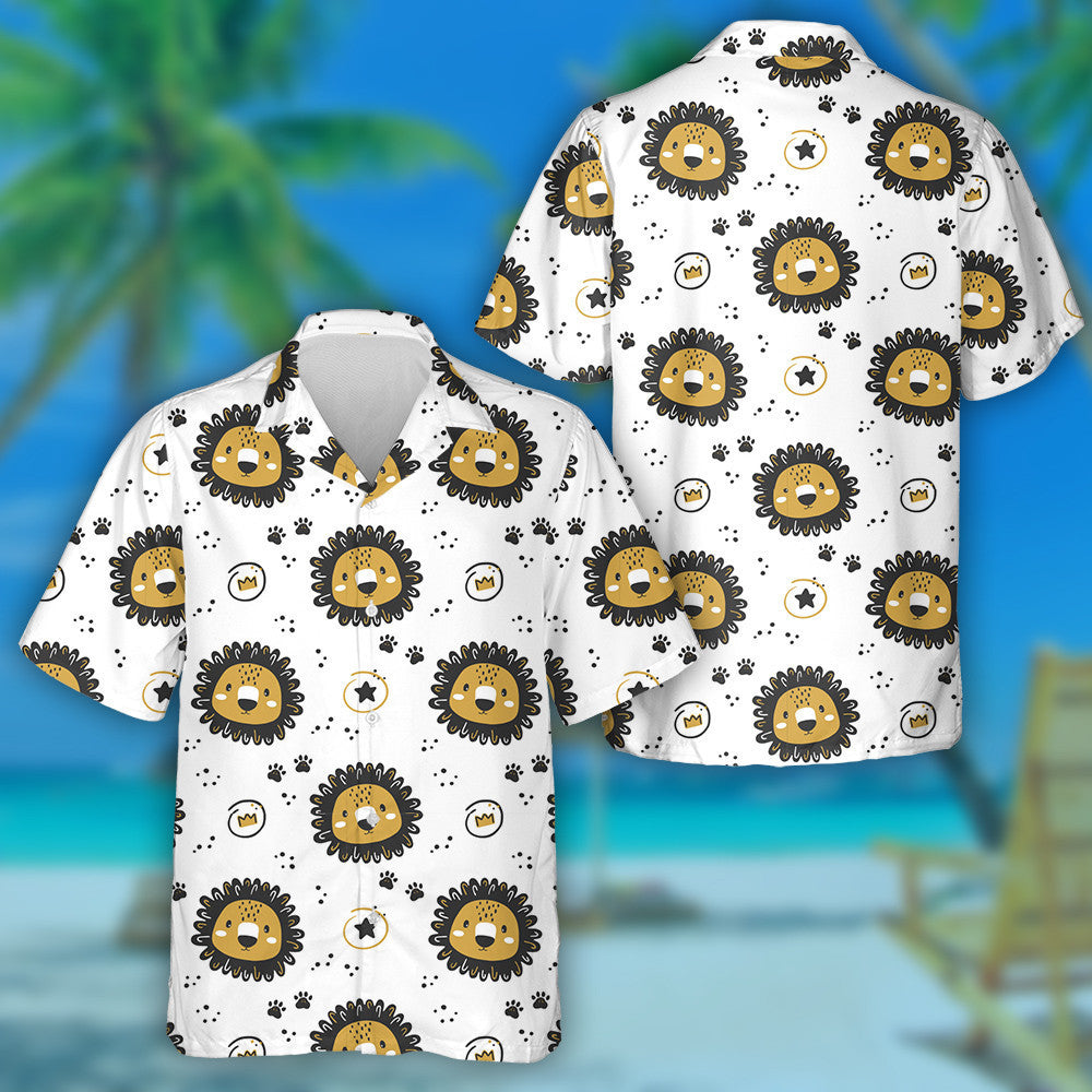 Cute Cartoon Lions Crown Stars And Footprints Hawaiian Shirt, Hawaiian Shirt Gift, Christmas Gift