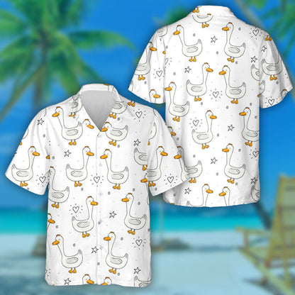Hand Drawn Cute Couple Ducks On White Hawaiian Shirt, Hawaiian Shirt Gift, Christmas Gift