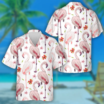 Beautiful Light Pink Flamingo With Small Flowers Hawaiian Shirt, Hawaiian Shirt Gift, Christmas Gift