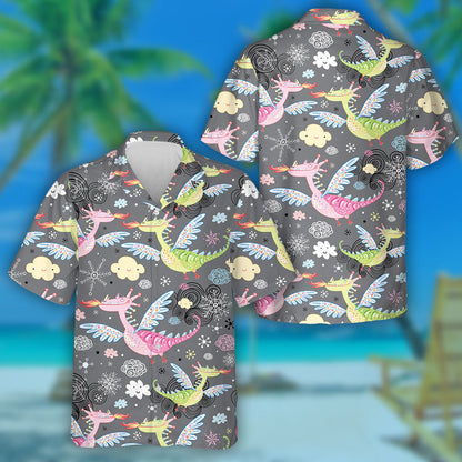 Beautiful Colorful Dragon With Cloud On Grey Hawaiian Shirt, Hawaiian Shirt Gift, Christmas Gift