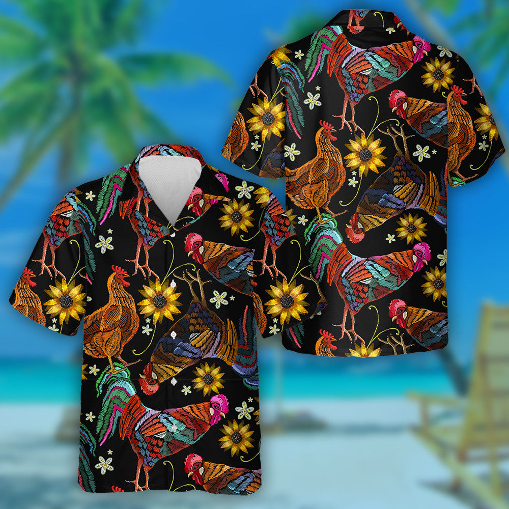 Multicolored Embroidery Chicken Rooster And Sunflowers Hawaiian Shirt,Hawaiian Shirt Gift, Christmas Gift