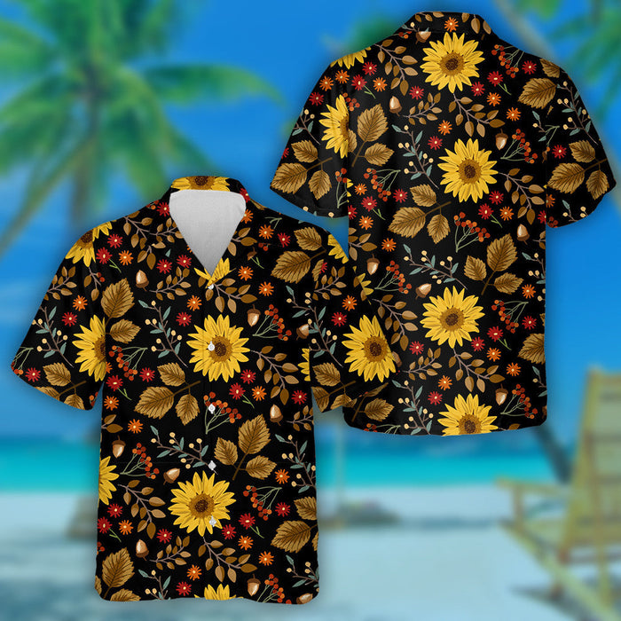 Autumn Sunflowers With Black Background Pattern Hawaiian Shirt, Hawaiian For Gift