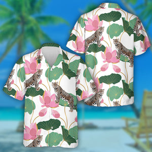 Wild African Leopards Pink Lotuses With Leaves Hawaiian Shirt, Hawaiian Shirt Gift, Christmas Gift