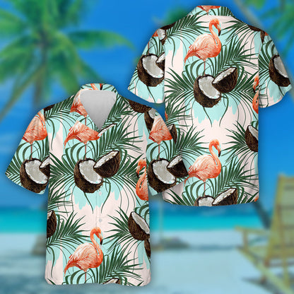 Orange Flamingo With Palm Leaves And Coconuts Hawaiian Shirt, Hawaiian Shirt Gift, Christmas Gift