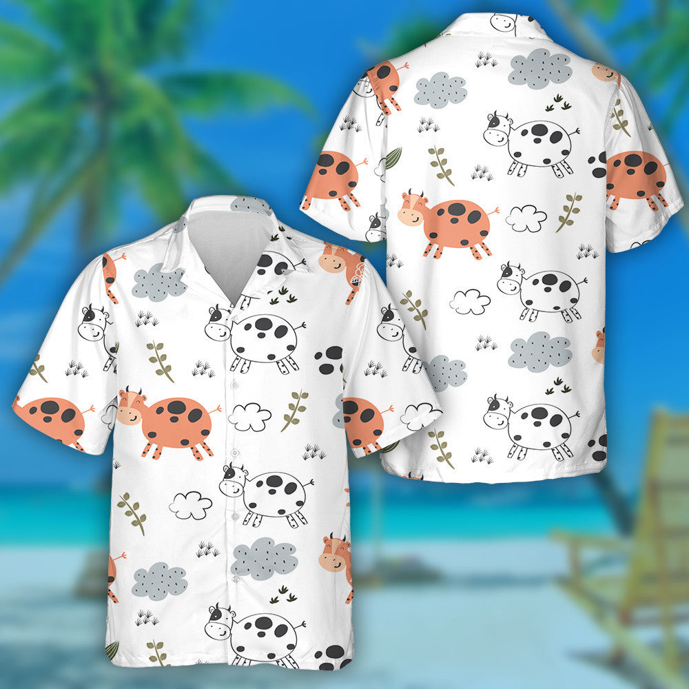 Hand Drawn Cow And Cloud In The White Hawaiian Shirt, Hawaiian Shirt Gift, Christmas Gift