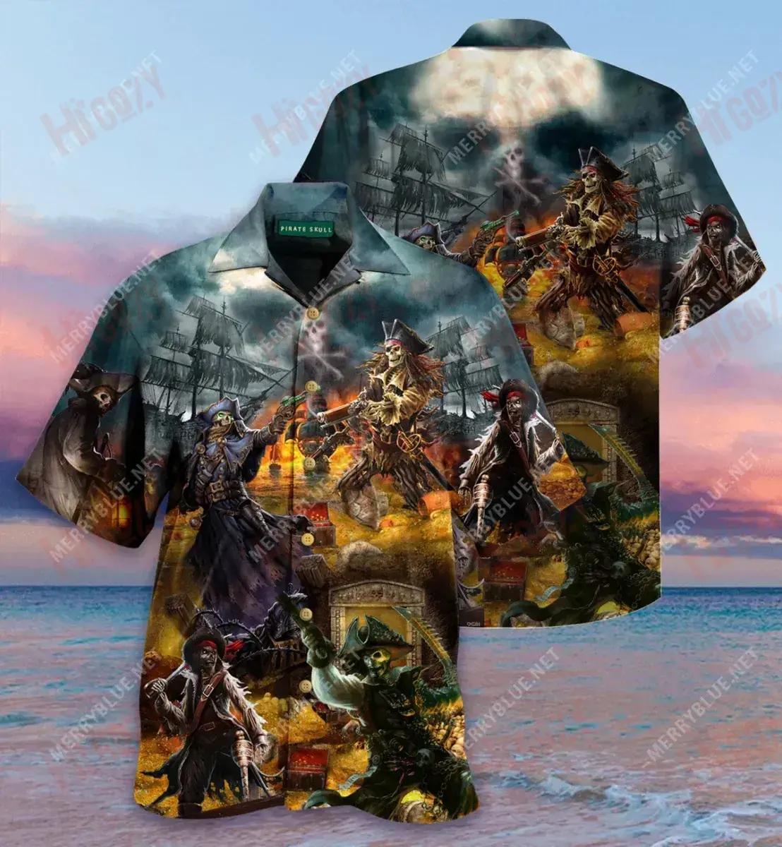 Pirate Skull Tóraíocht Taisce Léine Haváí Unisex Muinchille Samhraidh Gearr Léinte Haváís Saincheaptha Léinte haváíais d'Fhir, Bronntanas Léine Haváís, Bronntanas Nollag