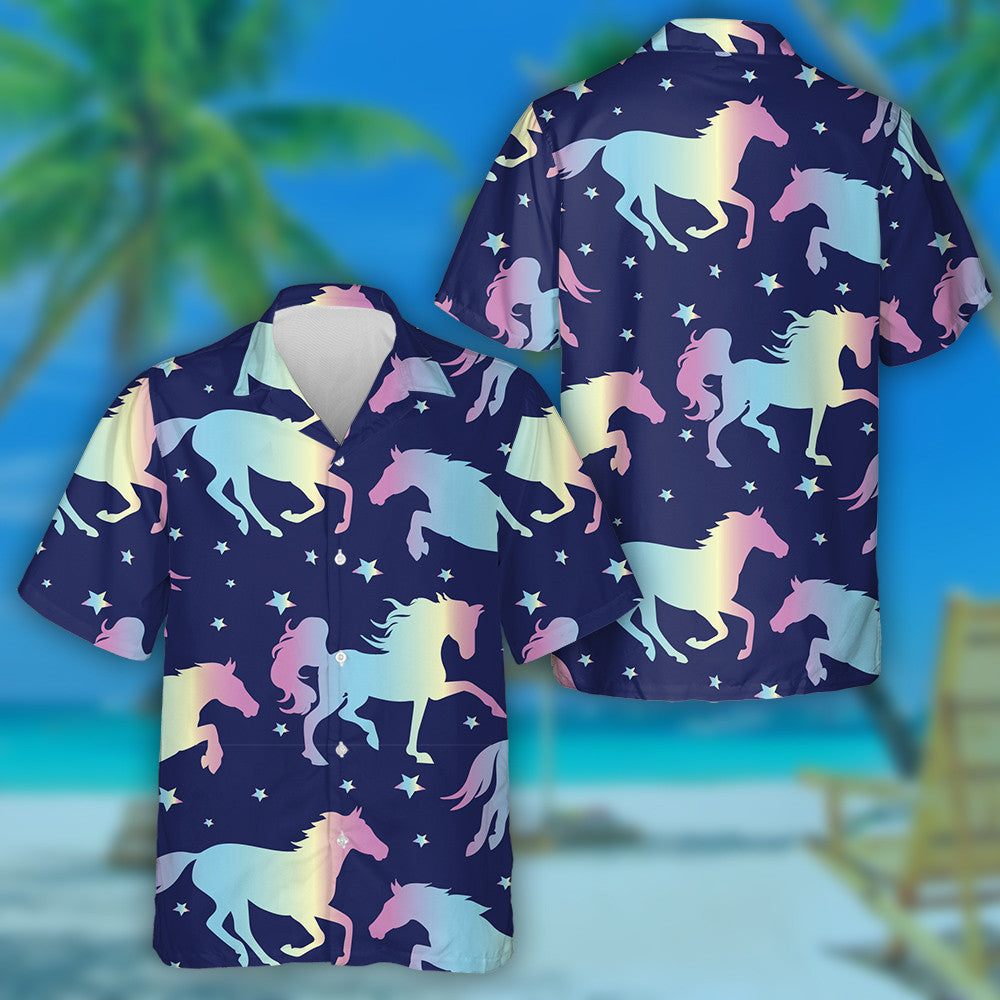 Holographic Magic Silhouette Horses With Star Hawaiian Shirt, Hawaiian Shirt Gift, Christmas Gift