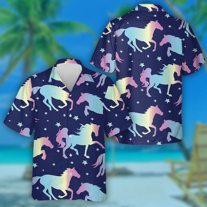 Holographic Magic Silhouette Horses With Star Hawaiian Shirt, Hawaiian Shirt Gift, Christmas Gift