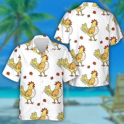 Chicken Roosters And Flowers On White Background Hawaiian Shirt, Hawaiian Shirt Gift, Christmas Gift