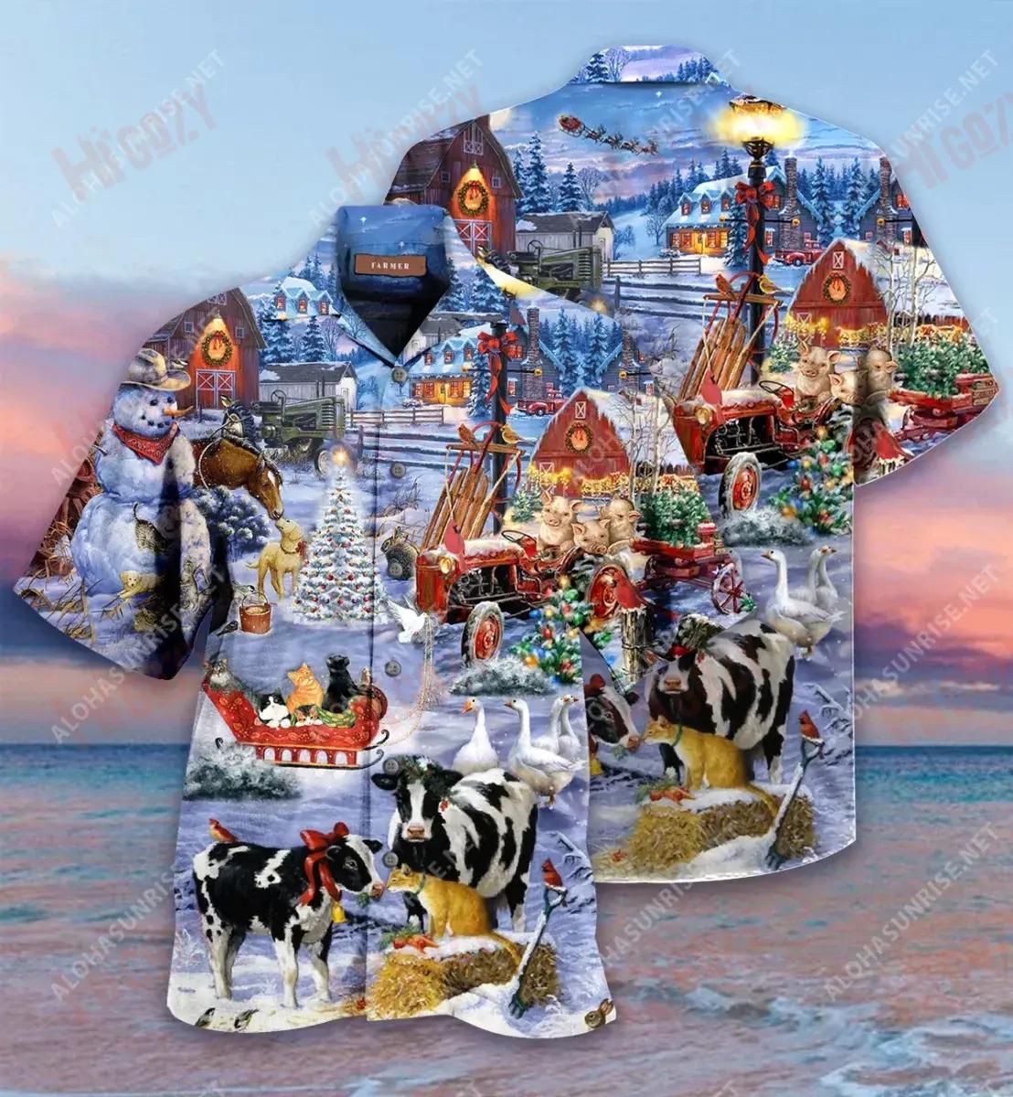 Christmas Night On The Farm Short Hawaiian Shirt Ocean Tropical Shirts Vintage Hawaiian Shirts Crazy Shirts Hawaii__Hawaiian Shirt Gift, Christmas Gift