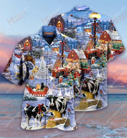 Christmas Night On The Farm Short Hawaiian Shirt Ocean Tropical Shirts Vintage Hawaiian Shirts Crazy Shirts Hawaii__Hawaiian Shirt Gift, Christmas Gift