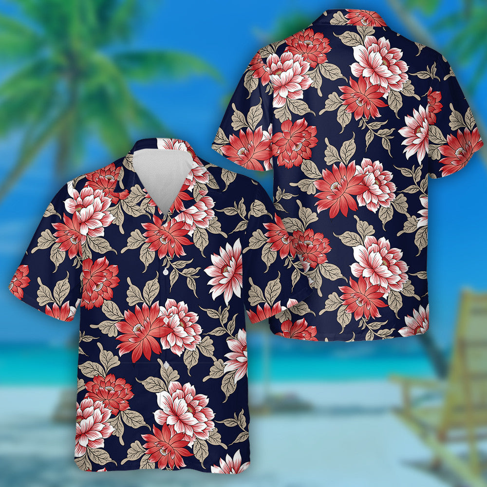 Embroidery Red And Pink Flower Branches On Navy Background Hawaiian Shirt, Hawaiian Shirt Gift, Christmas Gift