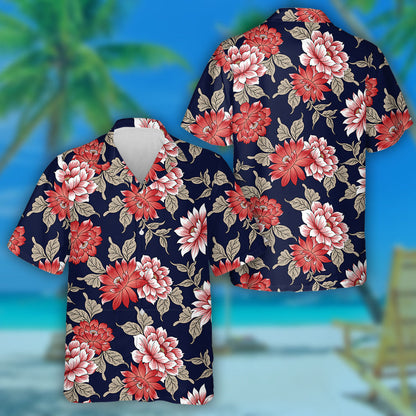 Embroidery Red And Pink Flower Branches On Navy Background Hawaiian Shirt, Hawaiian Shirt Gift, Christmas Gift