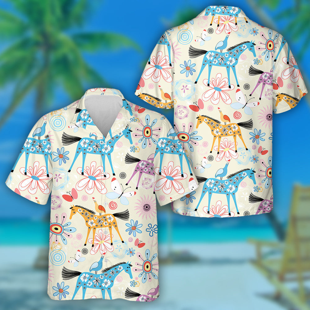 Colourful Cartoon Flower Texture With Horses Hawaiian Shirt,Hawaiian Shirt Gift, Christmas Gift