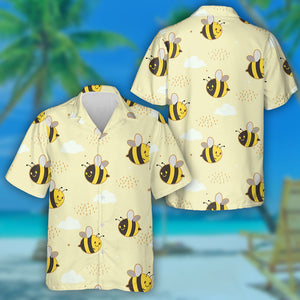 Cute Bee With Cloud And Dot On The Yellow Background Hawaiian Shirt, Hawaiian Shirt Gift, Christmas Gift