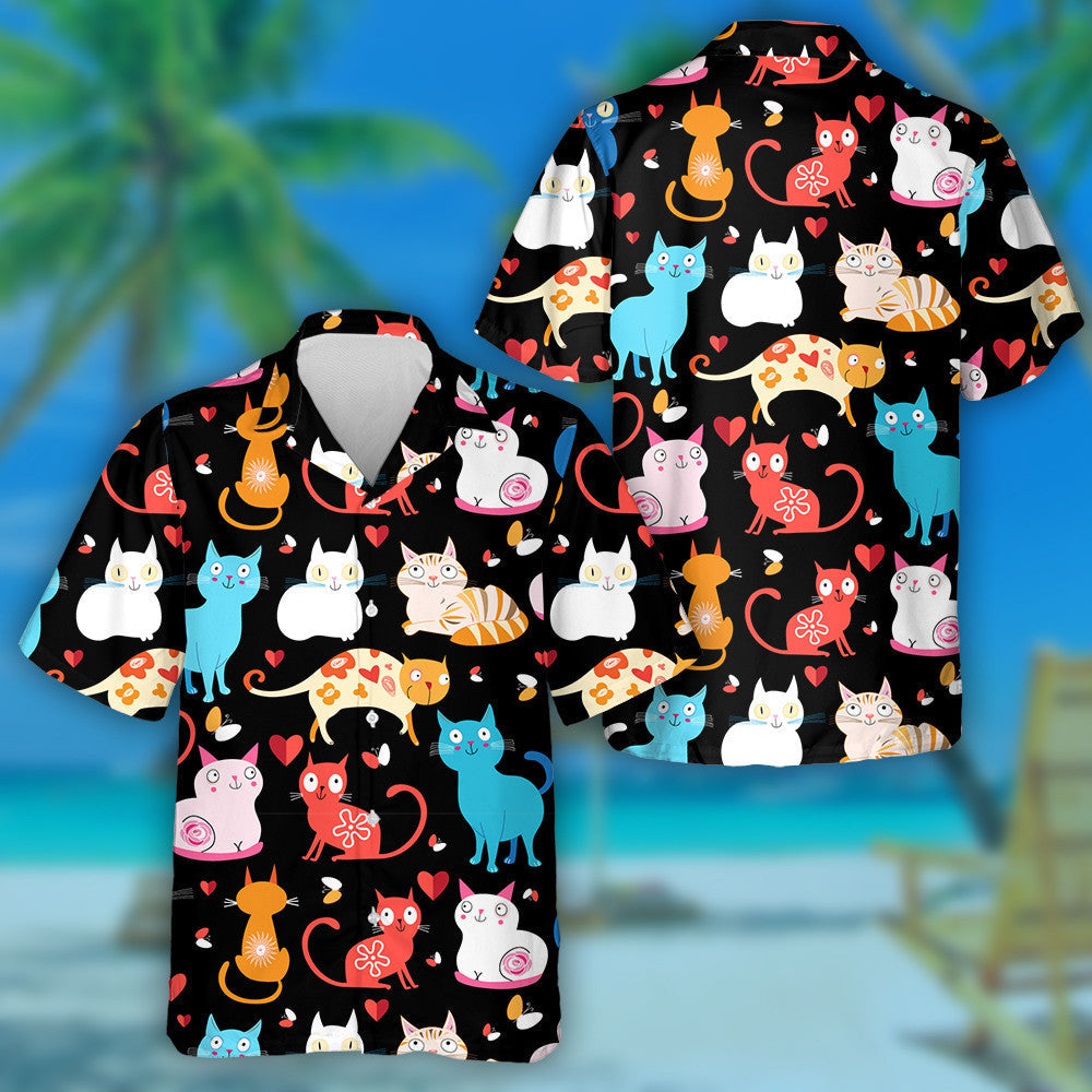 Bright Colored Cats On A Black Background Hawaiian Shirt, Hawaiian Shirt Gift, Christmas Gift