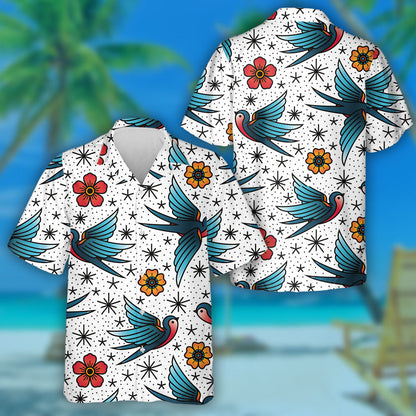 Flying Birds With Flowers And Small Dots Hawaiian Shirt, Hawaiian Shirt Gift, Christmas Gift