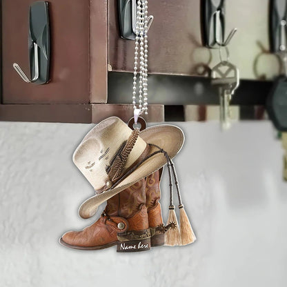 Personalized Boots And Hat Cowboy Flat Acrylic Ornament, Cowboy Car Interior Mirror Hanging Ornament, Christmas Decoration