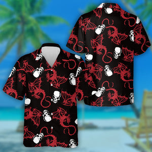 White Skull And Flying Red Dragon On Dark Hawaiian Shirt, Hawaiian Shirt Gift, Christmas Gift