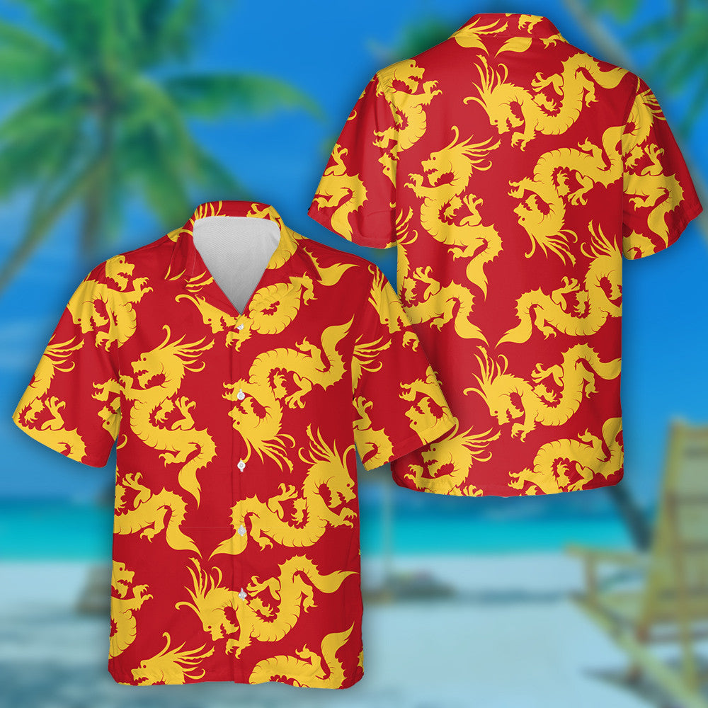Chinese Motifs Flying Dragons On Red Hawaiian Shirt, Hawaiian For Gift