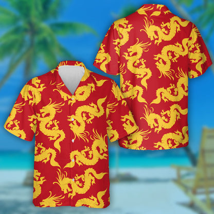 Chinese Motifs Flying Dragons On Red Hawaiian Shirt, Hawaiian For Gift