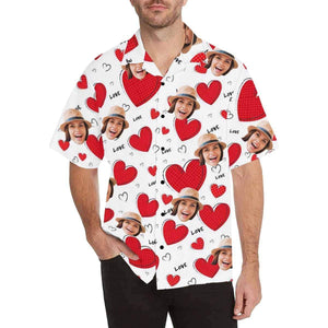 Romantic Red Hearts Love In White Custom Photo Hawaiian Shirt, Hawaiian Shirt Gift, Christmas Gift