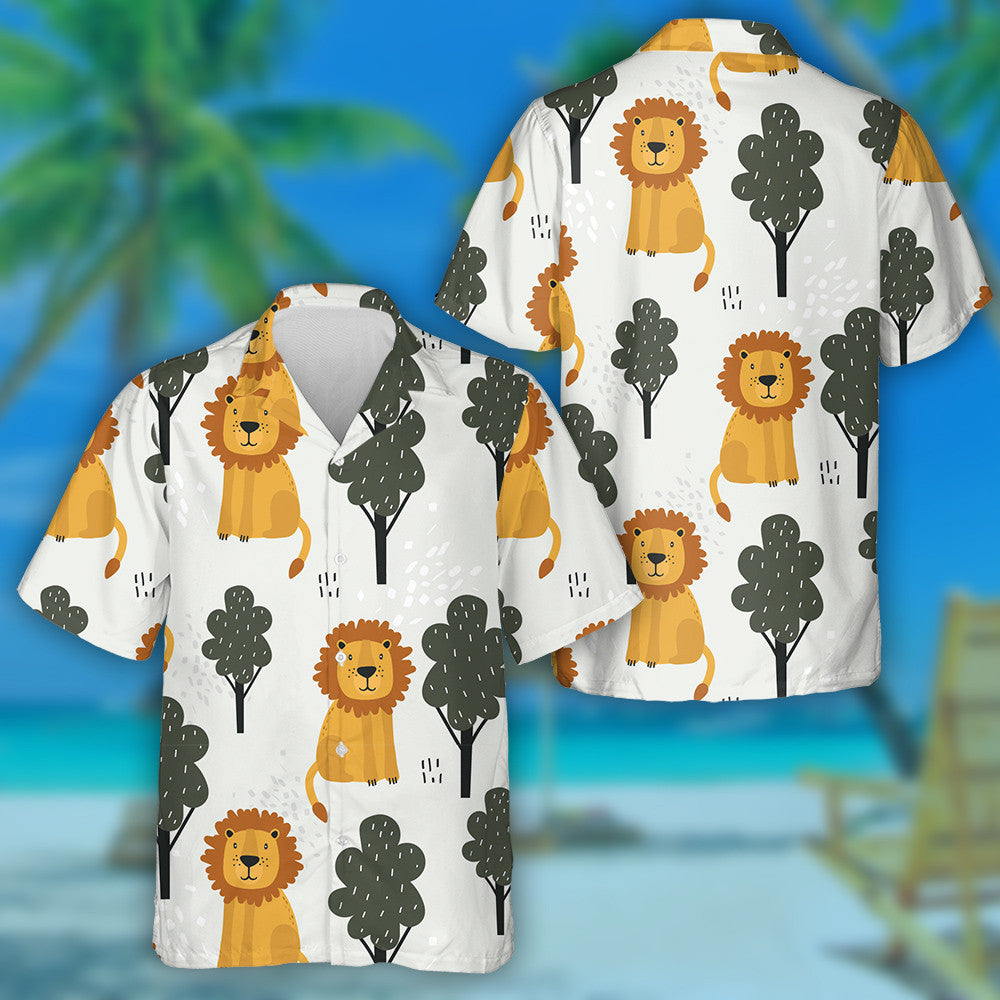 Lovely Lion And Tree On Gray Background Hawaiian Shirt, Hawaiian Shirt Gift, Christmas Gift