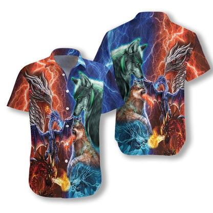Red Dragon Vs Blue Wolves Pattern Hawaiian Shirt,Hawaiian Shirt Gift, Christmas Gift