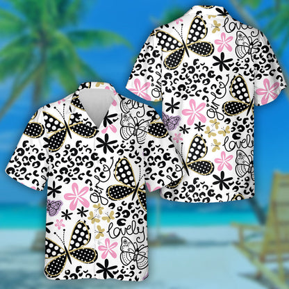 Spring Theme Lovely Black Dot Butterfly Hawaiian Shirt, Hawaiian Shirt Gift, Christmas Gift