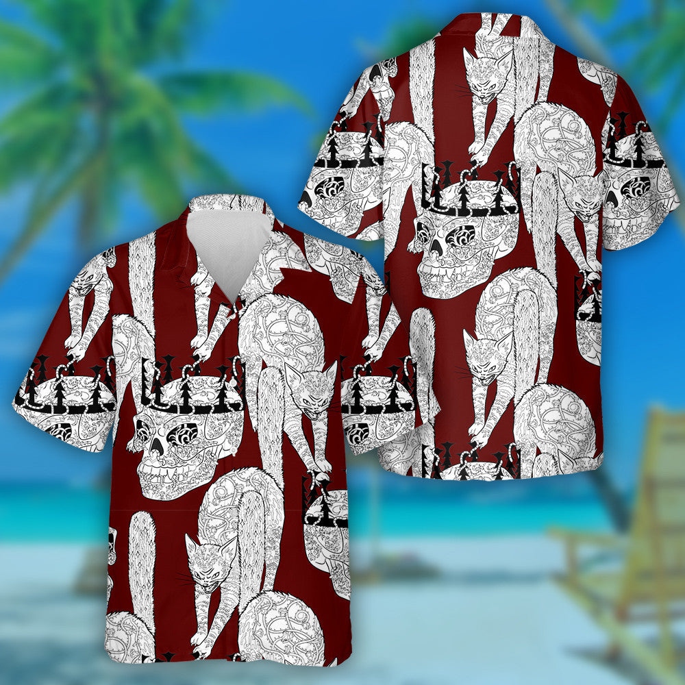 Halloween Cat And Skull On Red Hawaiian Shirt, Hawaiian For Gift