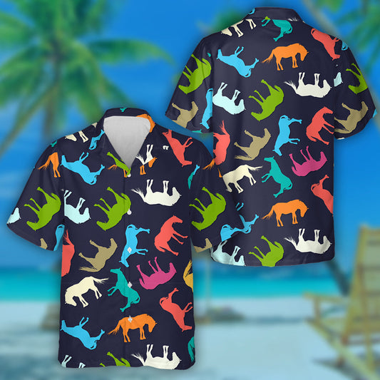 Horse Silhouettes In Colors On Dark Hawaiian Shirt, Hawaiian For Gift