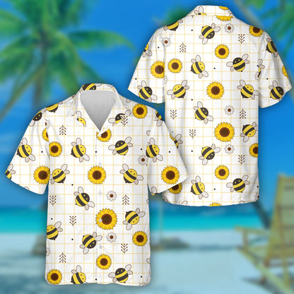 Natural Cartoon Bees And Blooming Sunflower Hawaiian Shirt,Hawaiian Shirt Gift, Christmas Gift
