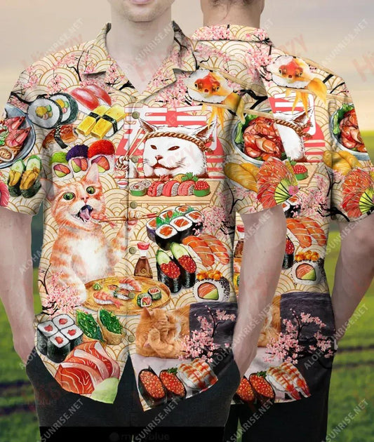 Déanann Sushi Agus Cait Mé Shona Unisex Léine Haváís Aigéan Muinchille Gearr Na Léinte Haváís is Fearr Léinte Haváís d'Fhir, Bronntanas Léine Haváís, Bronntanas Nollag