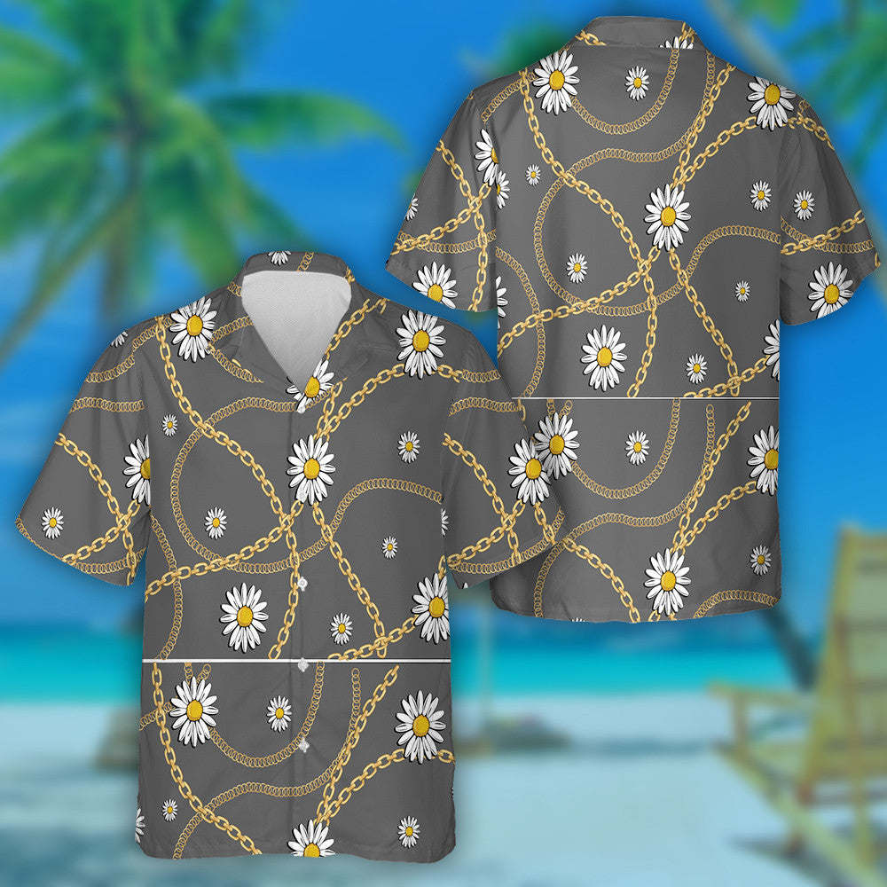 Golden Chain White Daisy On Gray Background Hawaiian Shirt, Hawaiian Shirt Gift, Christmas Gift