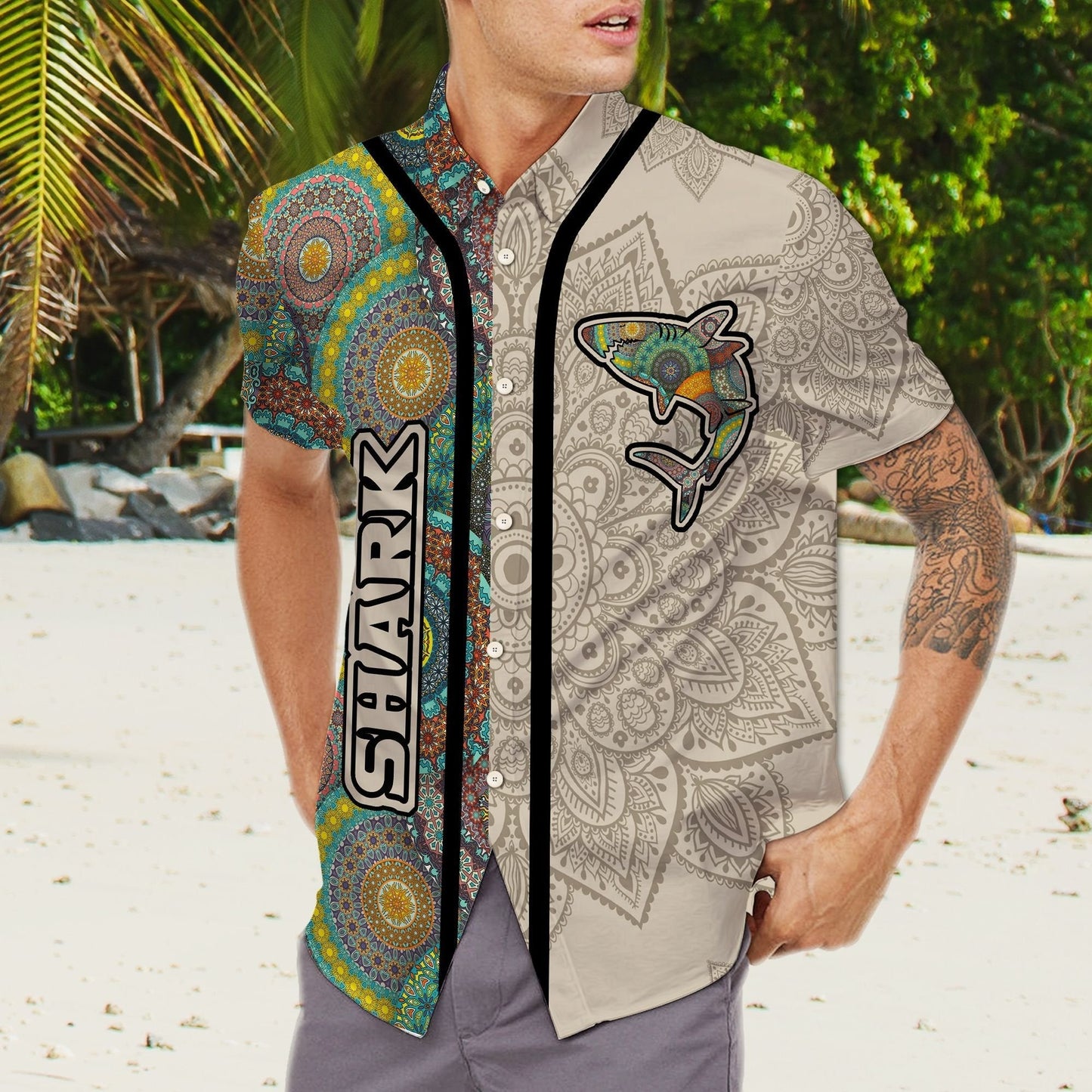 Bohemian Shark Mandala Flowers Design Hawaiian Shirt, Hawaiian For Gift