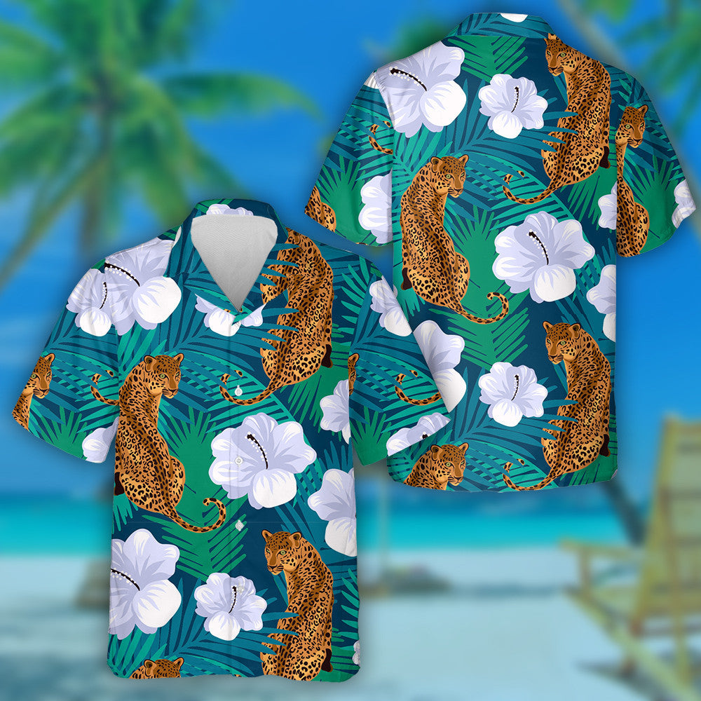 Floral Jungle Leopard In Deep Blue Background Hawaiian Shirt, Hawaiian Shirt Gift, Christmas Gift
