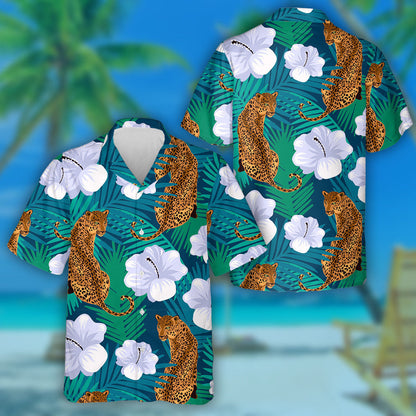 Floral Jungle Leopard In Deep Blue Background Hawaiian Shirt, Hawaiian Shirt Gift, Christmas Gift