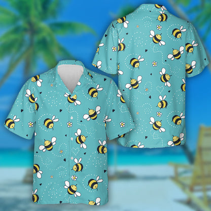 Cartoon Doodle Cute Bees And Flower Hawaiian Shirt, Hawaiian For Gift