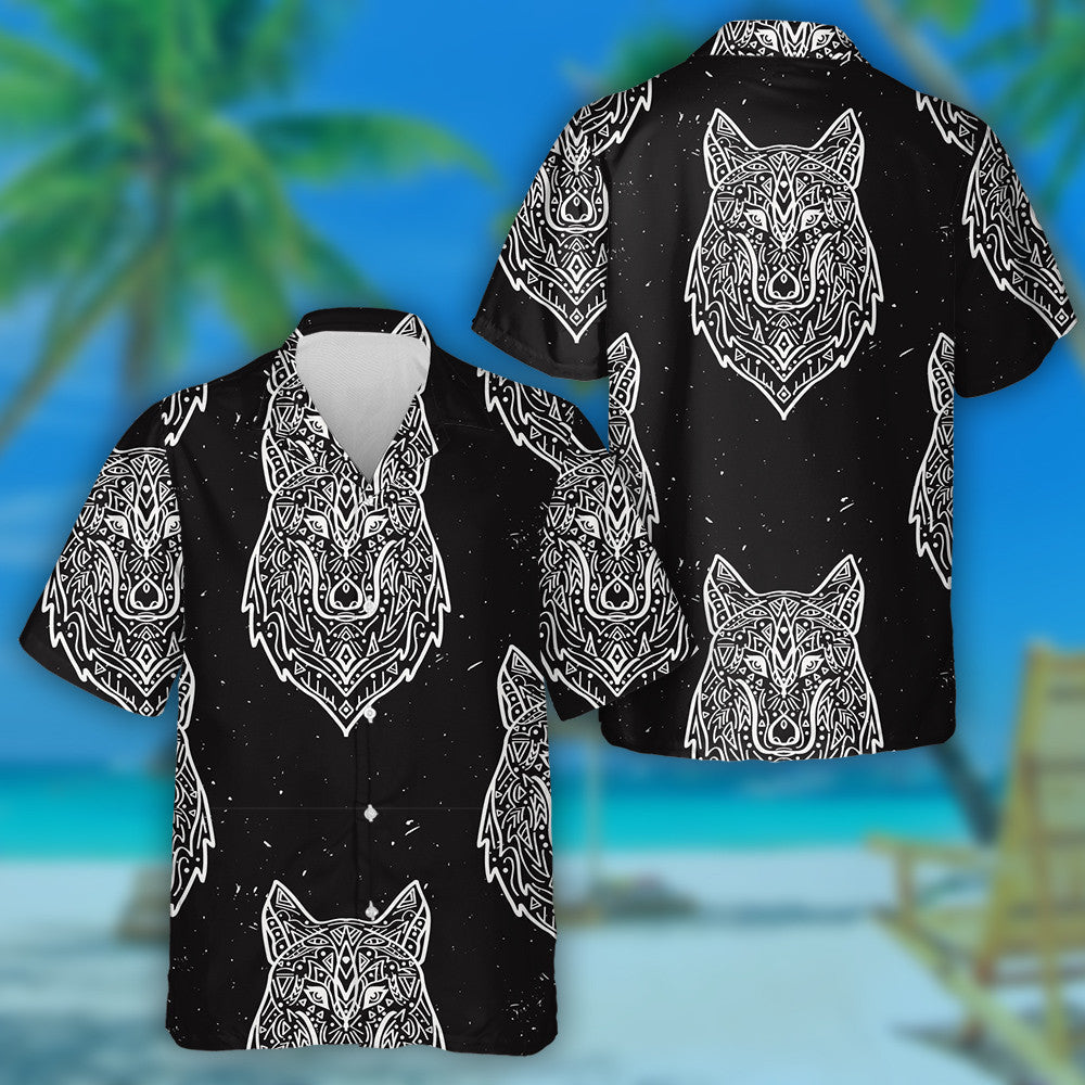 Tribal Style Wolf With Ethnic Ornaments Hawaiian Shirt,Hawaiian Shirt Gift, Christmas Gift