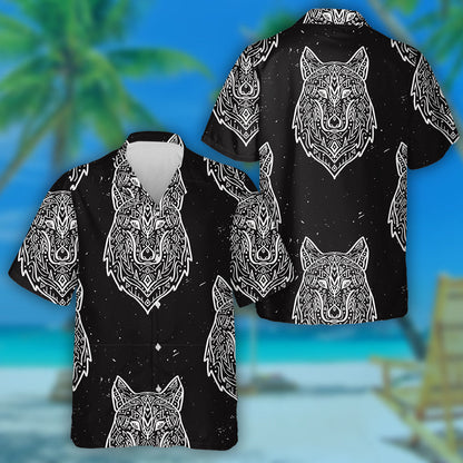 Tribal Style Wolf With Ethnic Ornaments Hawaiian Shirt,Hawaiian Shirt Gift, Christmas Gift